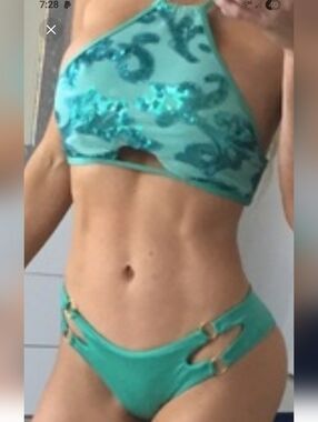 Beach Bunny Teal Bikini Set with Sequined Halter Top. Beautiful Seafoam Green.